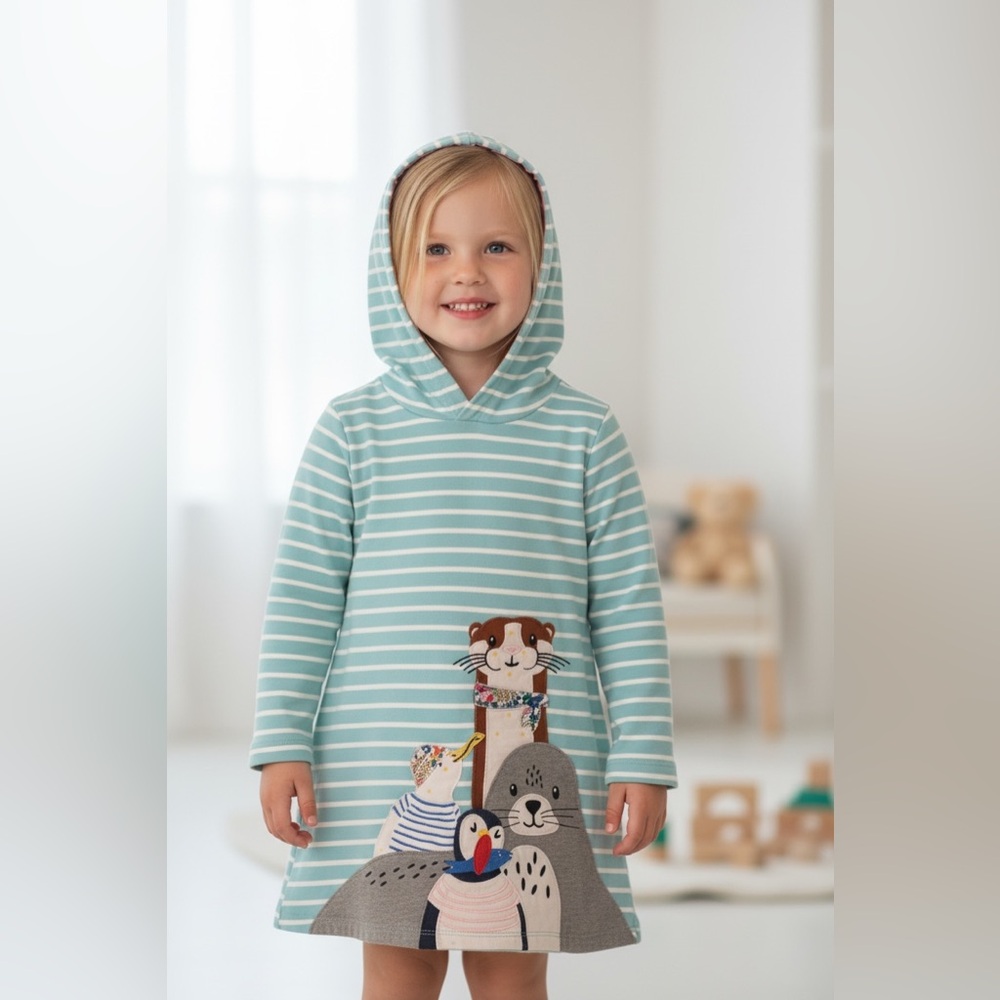 Striped Blue Kids Casual Dress with Animal Print